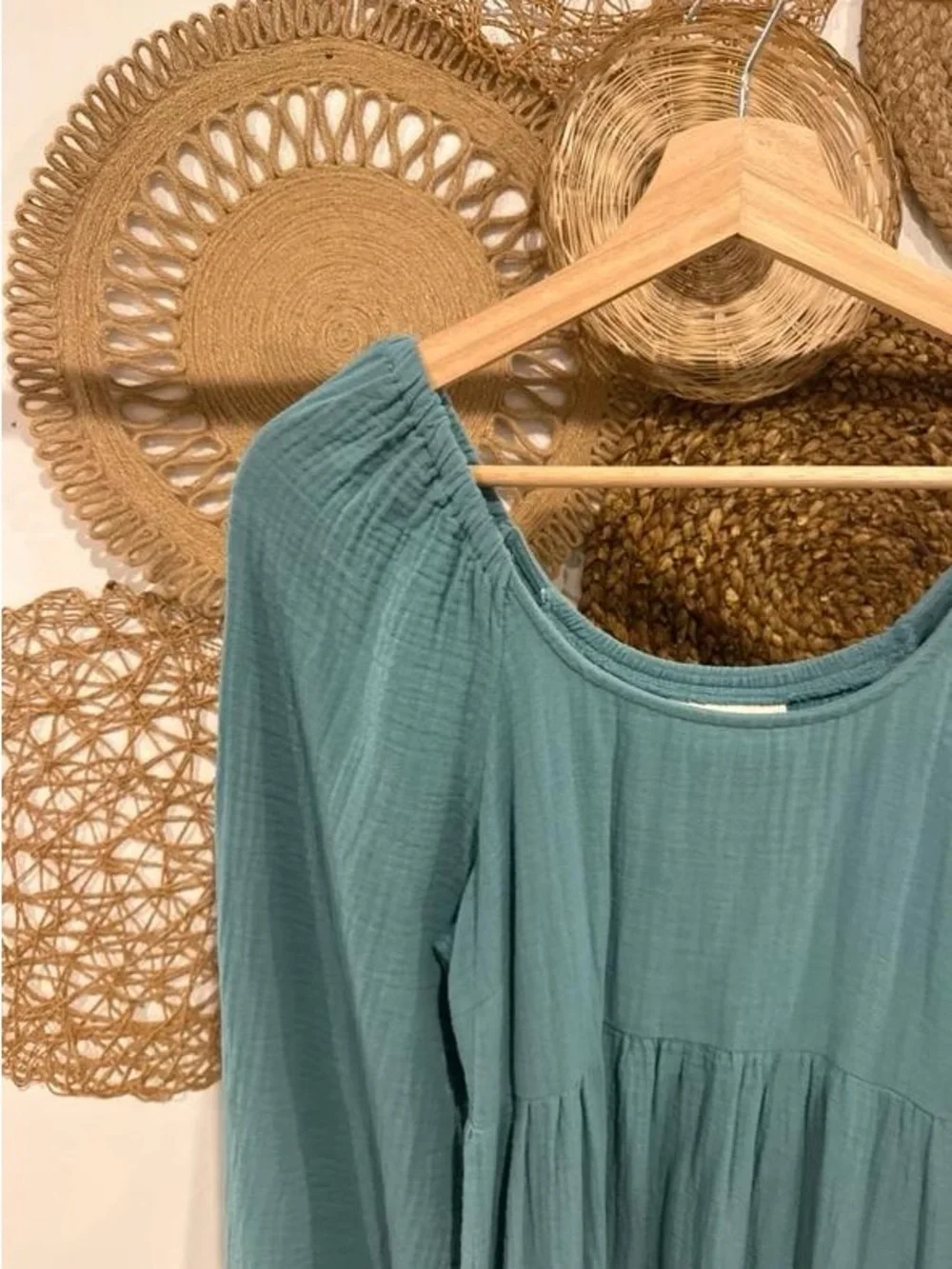 Teal Long-Sleeve Maxi Dress with Gathered Waist